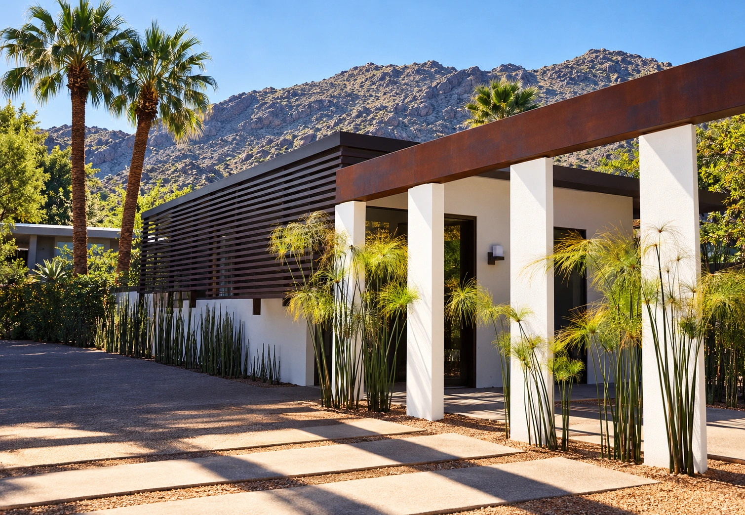 Front entrance beneath the mountains