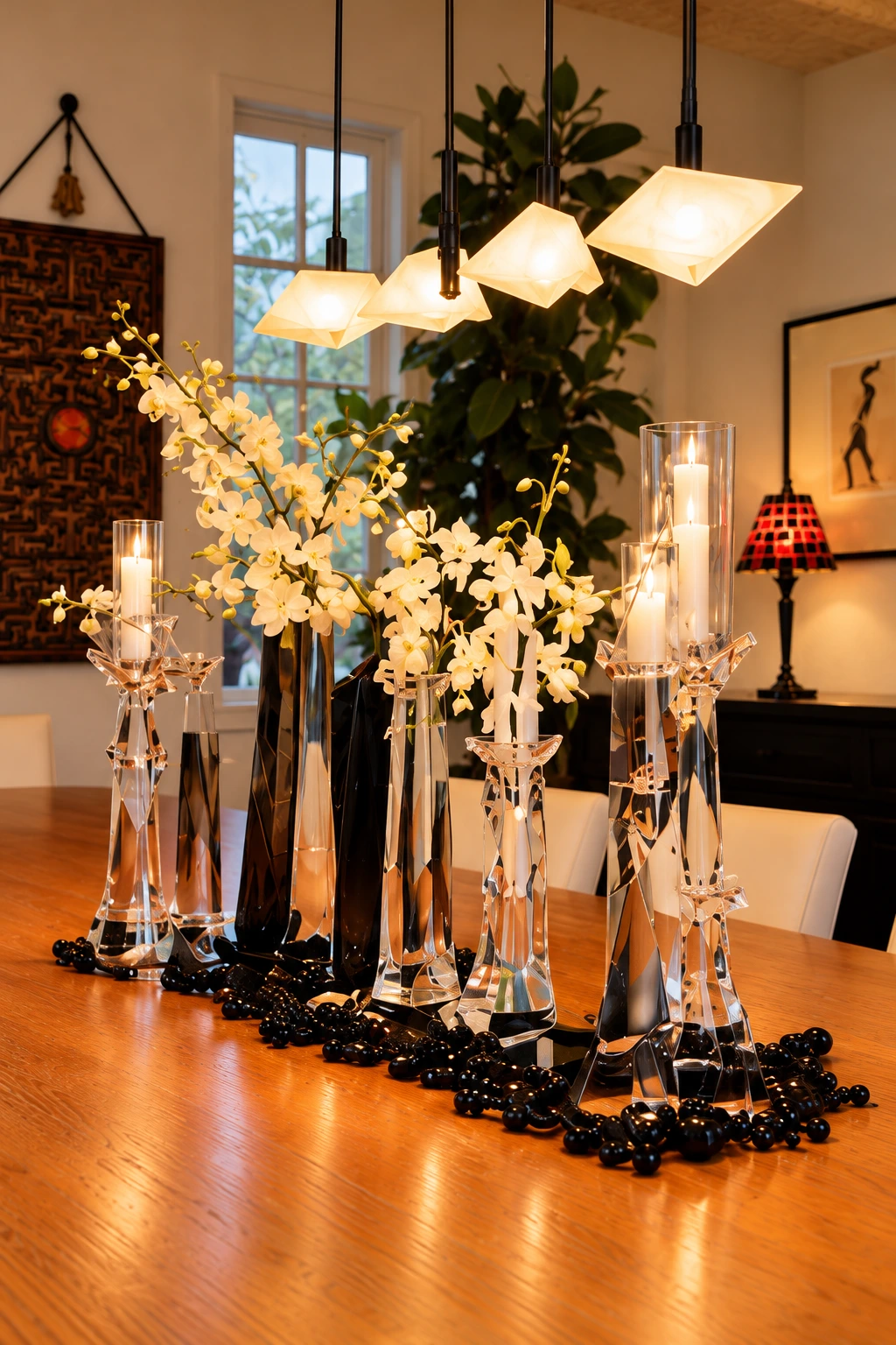 Orchids and sculptural glass candleholders at Hancock Park Residence