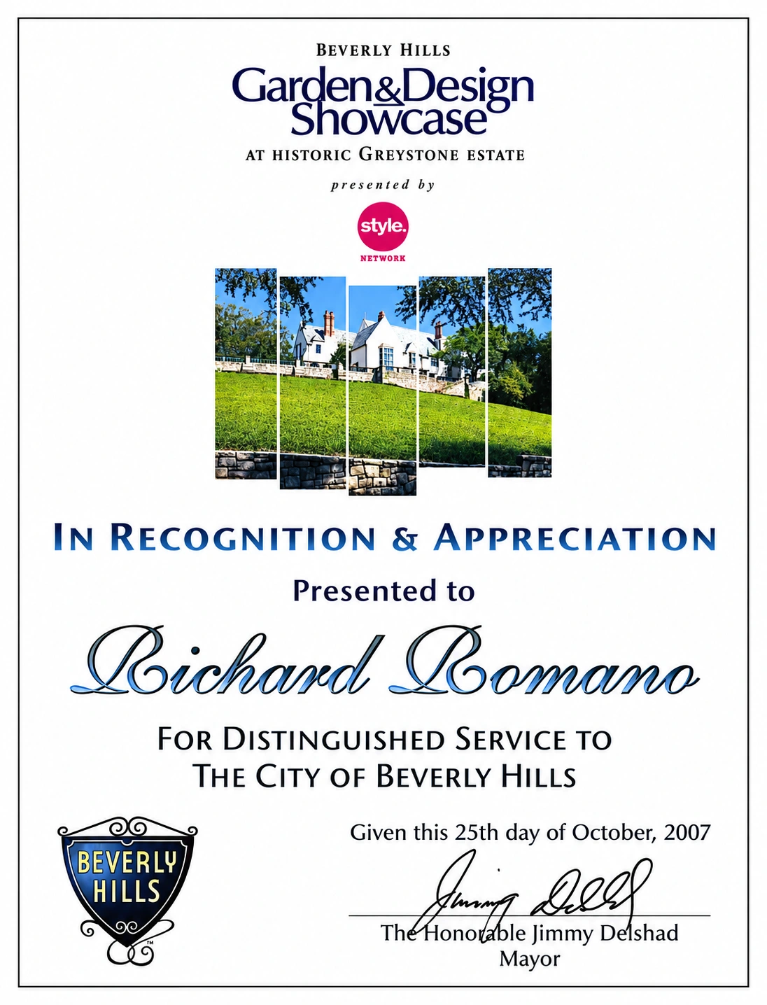 City of Beverly Hills recognition certificate